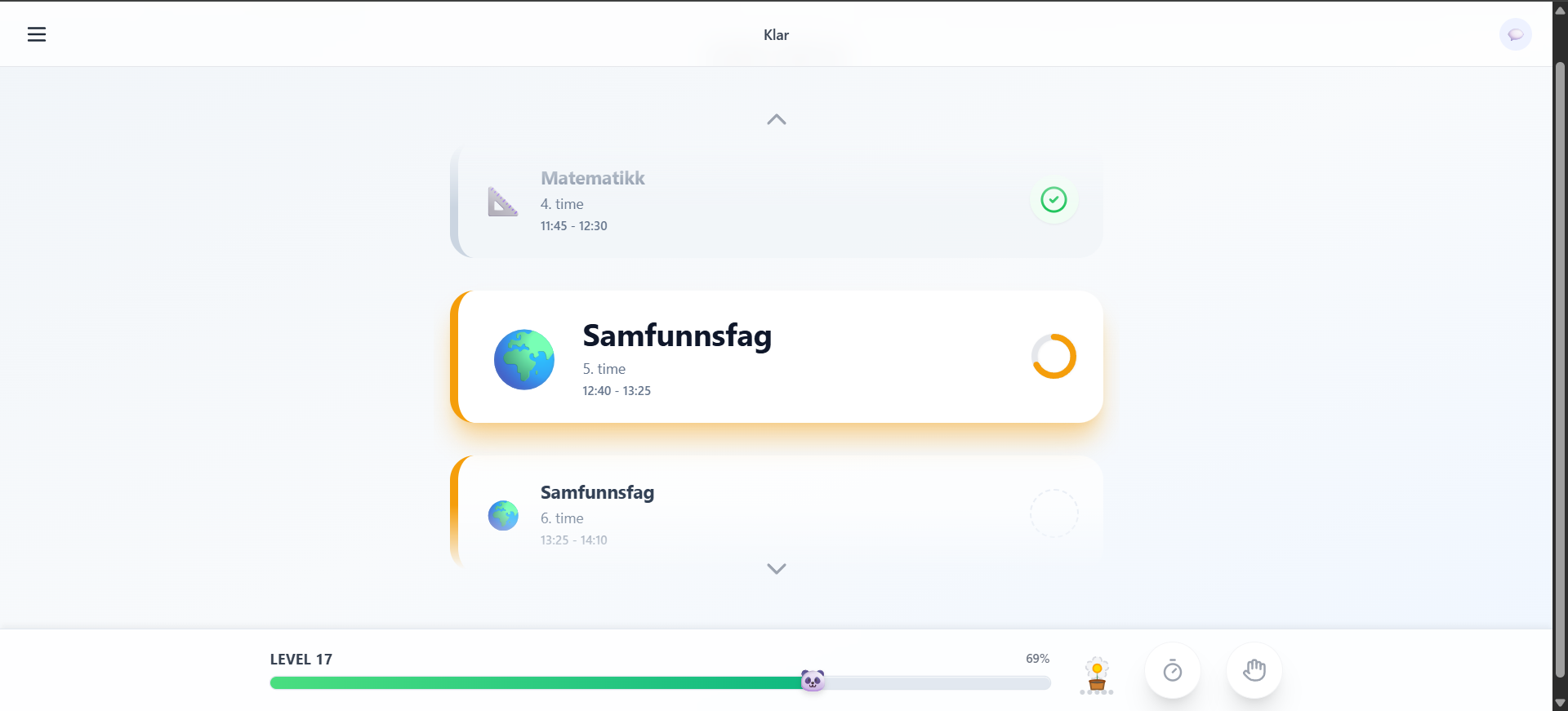 Skjermbilde av elevens landingsside i Klar med dagens plan