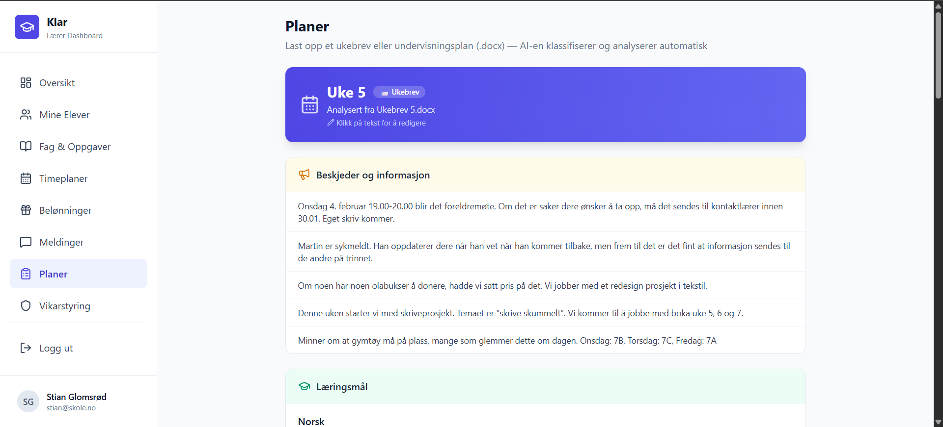 Skjermbilde av Smart Import i Klar: ukebrev er tolket til en redigerbar forhåndsvisning før publisering